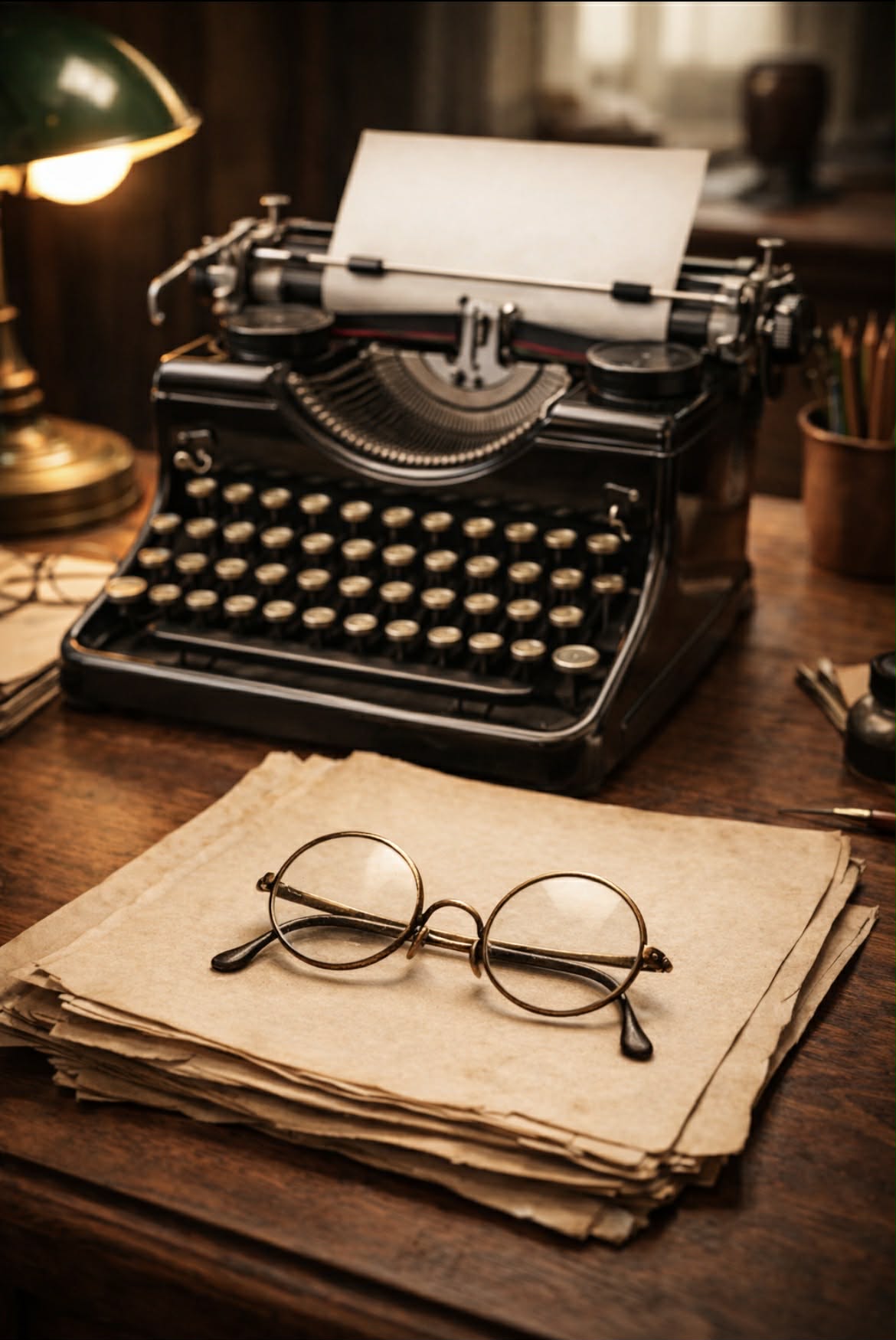 type writer with glasses on notebook